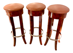 Vintage Art Deco Style Walnut Bar Stools in Havana-Colored Faux Leather, 1970s, Set of 3