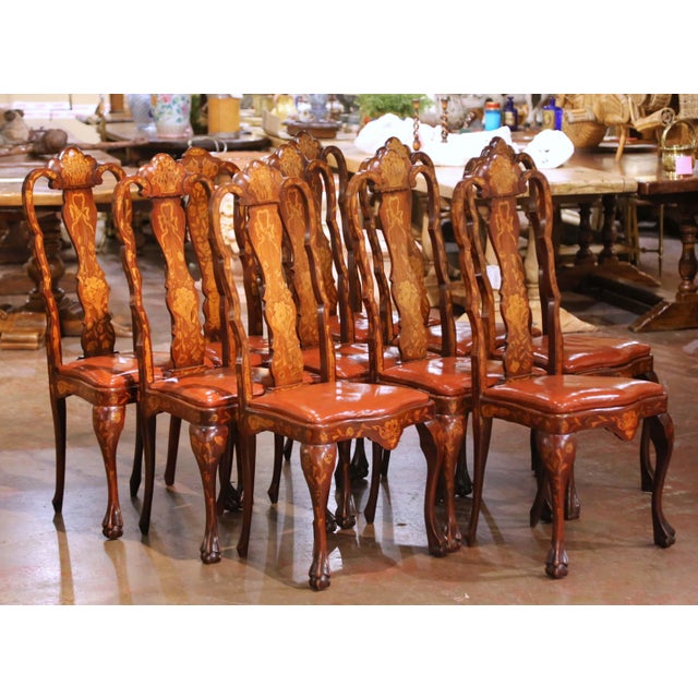 Brown 19th C. Dutch Baroque Walnut Inlaid Dining Chairs With Leather Seats, Set of 10 For Sale - Image 8 of 12