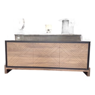 Lawson-Fenning Walnut & Oak Geometric Three Door Sideboard Credenza For Sale