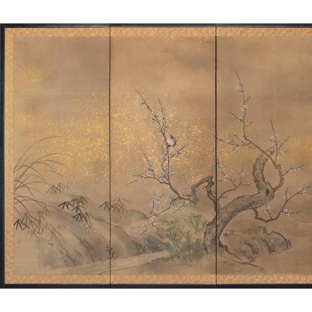 Fine and elegant vintage Japanese 4-panel painted Byobu (folding screen) depicts Landscape with Egrets, Blossoming Sakura...