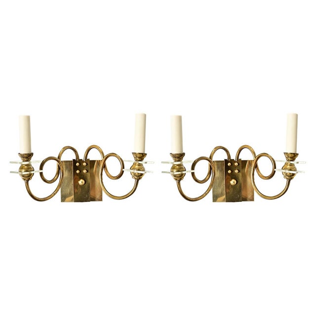 Vintage French Brass & Glass Wall Sconces - A Pair For Sale In Baton Rouge - Image 6 of 14