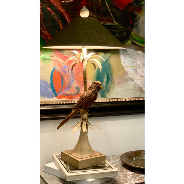 Vintage 1970’s Palm Beach, Hollywood Regency, Safari Style Bronze Tone Macaw Parrot Perched in a Tole Painted Tropical...