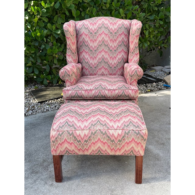 American Vintage American Flamestitch Wingback Chair + Ottoman For Sale - Image 3 of 11