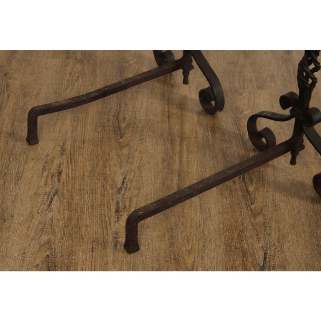 Black Antique Arts & Crafts Pair of Wrought Iron Fireplace Andirons For Sale - Image 8 of 12