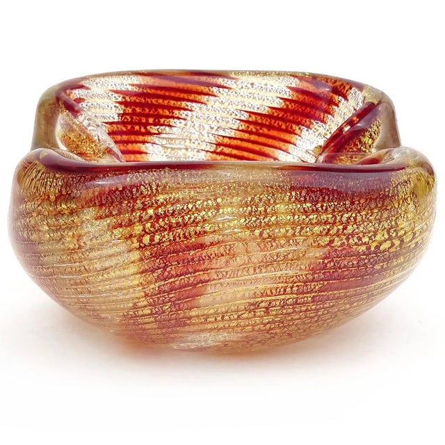 Mid 20th Century Murano Vintage Red Bands Optic Swril Pattern Gold Flecks Italian Art Glass Chunky Ashtray Bowl For Sale - Image 5 of 11
