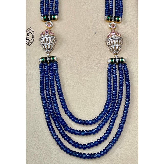 Gemstone 575 Ct Natural Tanzanite Bead Four Strand Necklace + 6.5 Ct Diamond 14 K Y Gold For Sale - Image 7 of 18