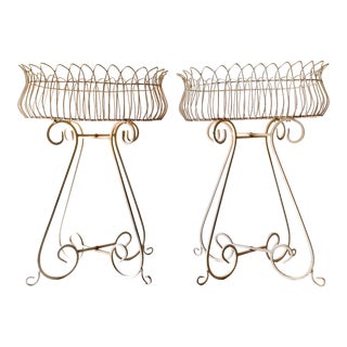 Vintage White Iron Wire Rope Oval Planters - a Pair For Sale