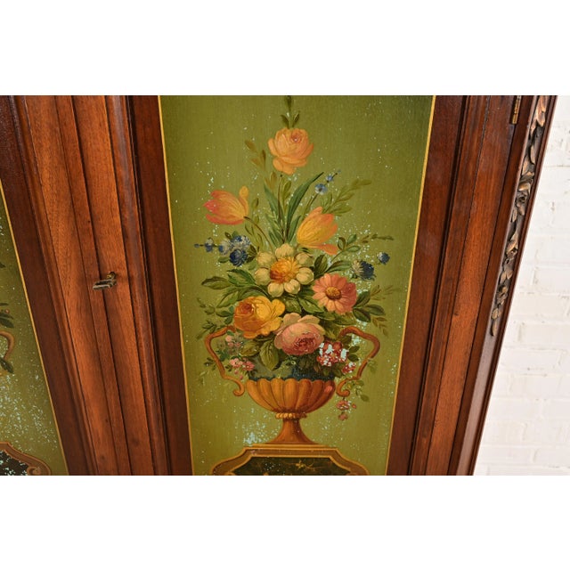 Brown Berkey & Gay Style Antique English Jacobean Carved Walnut Hand Painted Bookcase or Bar Cabinet, Circa 1920s For Sale - Image 8 of 14