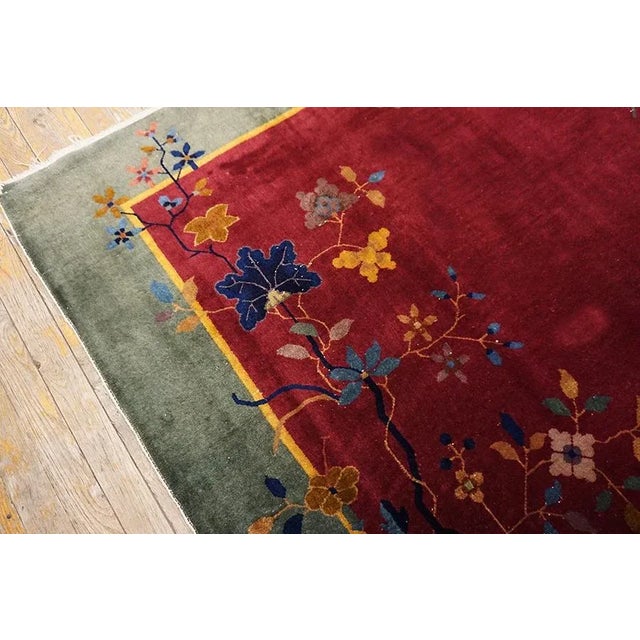 1920s Raspberry Red Floral Antique Chinese Art Deco Carpet 6' X 8'8'' Knotted Wool Rug For Sale - Image 11 of 13