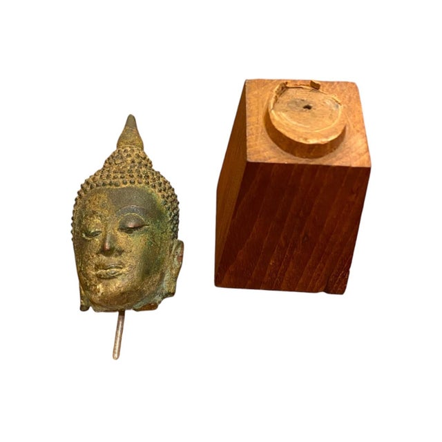 Green Antique Thai Bronze Buddha Head Statue Ayutthaya Rattanakosin Style on Stand 8" For Sale - Image 8 of 12