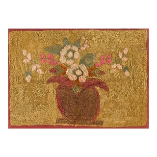 Charming Floral With a Tan Camel Background Color American Hooked Rug For Sale