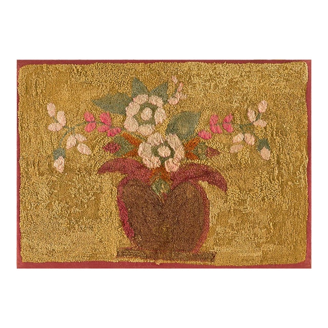 Charming Floral With a Tan Camel Background Color American Hooked Rug For Sale