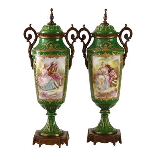 Pair Antique Limoges Porcelain & Ormolu Covered Urns With Genre Scenes C1890 For Sale