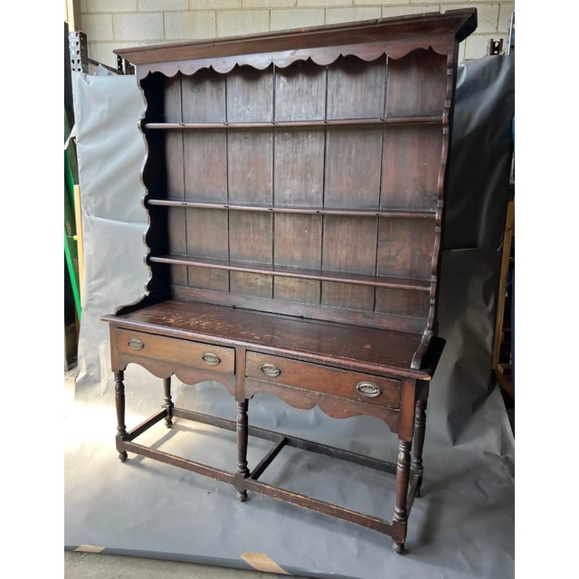 American Federal Period Pine Dresser Base and Plate Rack in Original Paint. Nice shaped cornice and apron. Original brown...