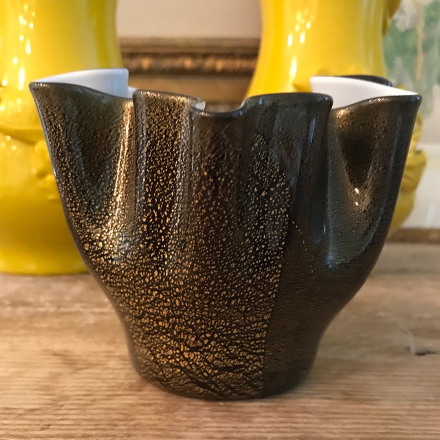 Incredible Fazzoletto Murano handblown black over white and gold flecks Italian art glass sculptural vase. Believed to be...