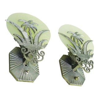Rare Matched Pair French Art Deco Tropic Palm Aluminum Glass Wall Sconce Lamps 1920's For Sale