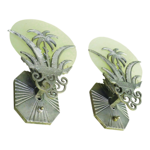 Rare Matched Pair French Art Deco Tropic Palm Aluminum Glass Wall Sconce Lamps 1920's