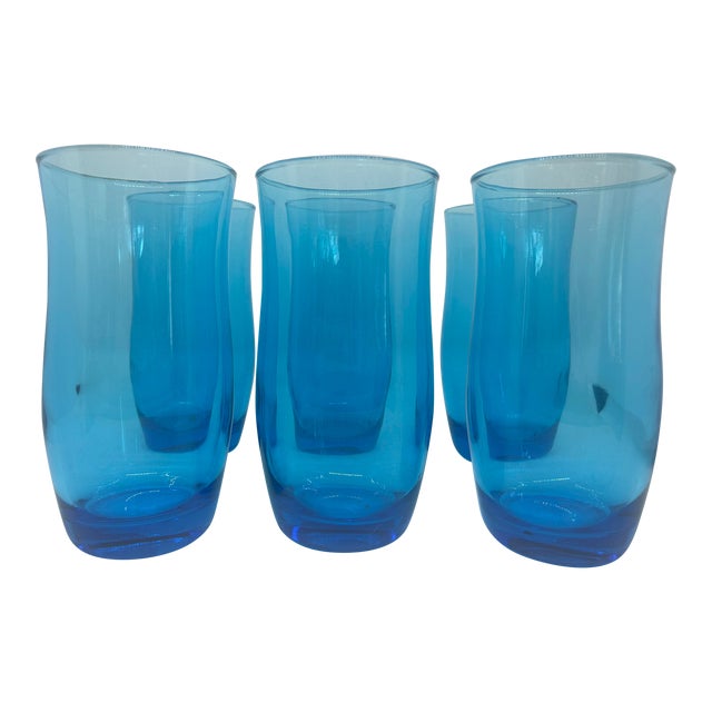 Vintage Mid-Century Modern Anchor Hocking Laser Blue Glasses- Set of 6 Rare 1950's For Sale