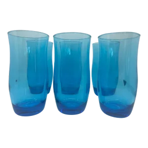 Vintage Mid-Century Modern Anchor Hocking Laser Blue Glasses- Set of 6 Rare 1950's