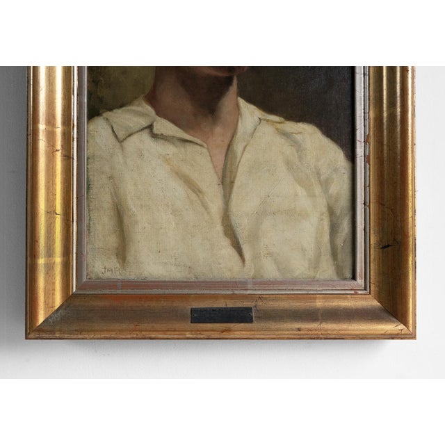 1930s Captivating Portrait of a Man in a White Shirt, Vintage Original Oil Painting, C. 1930s For Sale - Image 5 of 10