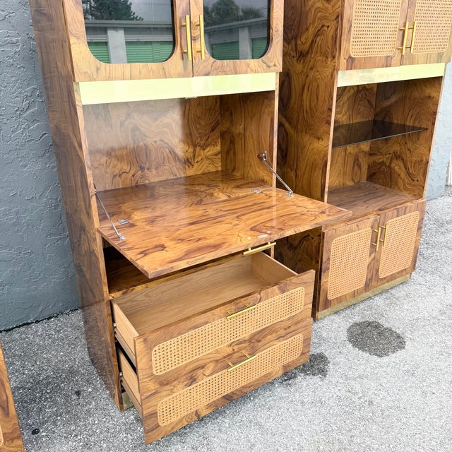 Mid Century Modern Burlwood Laminate and Cane Etageres/Wall Unit - Three Pieces For Sale - Image 4 of 12