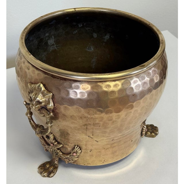 English Vintage Hammered Brass Jardiniere W/ Lion Head Mounts and Paw Feet For Sale - Image 3 of 8