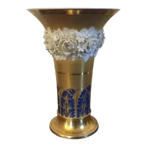 Antique Early 19th Century French Empire Porcelain Gold Trumpet Vase with Flower Garland