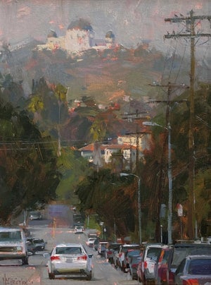 Observatory Overhaul by Jennifer McChristian | Oil Painting of a street view with an observatory in the background