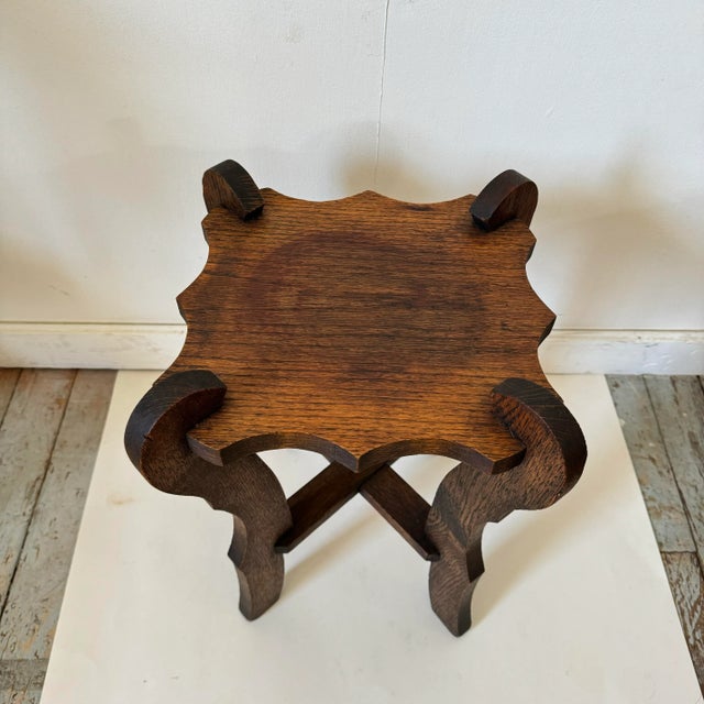 Rustic European Vintage Arts & Crafts Plant Stand Petite Oak Side Table For Sale - Image 3 of 9