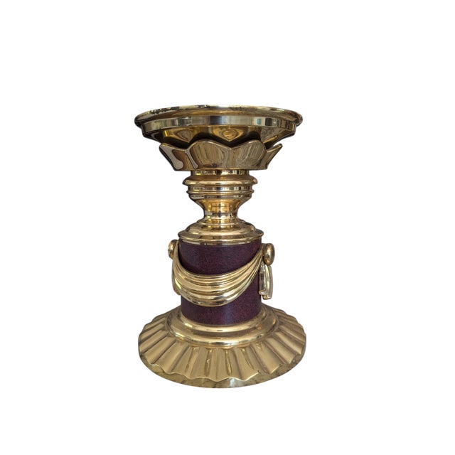 Vintage Solid Brass Swag Tassel Altar Pillar Candle Holder For Sale - Image 4 of 12