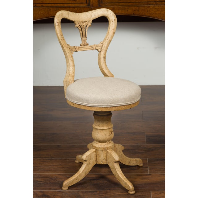 Biedermeier Austrian 1840s Biedermeier Bleached Burled Walnut Swivel Chair with Upholstery For Sale - Image 3 of 12