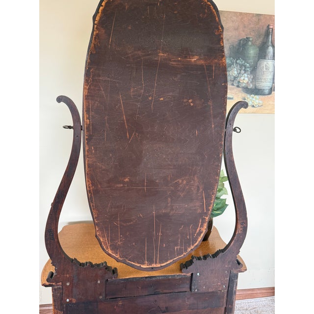 Wood Restored Antique Serpentine Two-Tone Tiger Oak Vanity With Biomorphic Mirror For Sale - Image 7 of 10