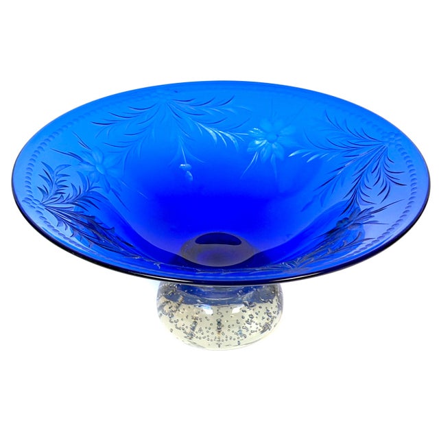Pairpoint Cobalt Blue Wheel-Engraved Floral Art Glass Center Bowl with Controlled Bubble Pedestal, New Bedford, circa...
