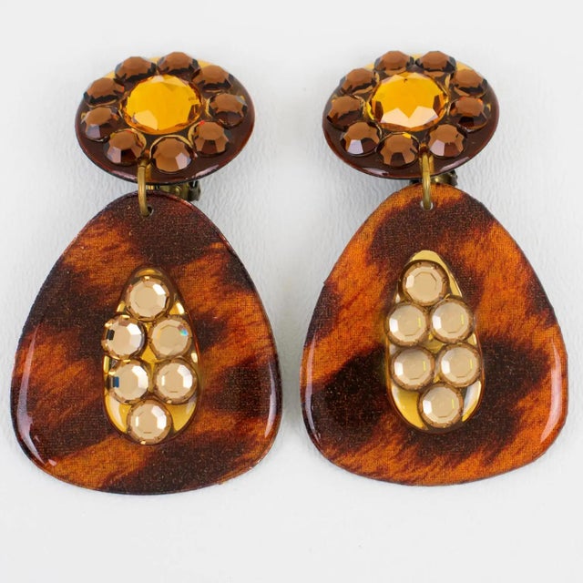 Jeweled Lucite Dangle Clip Earrings with Cheetah Print For Sale - Image 4 of 8