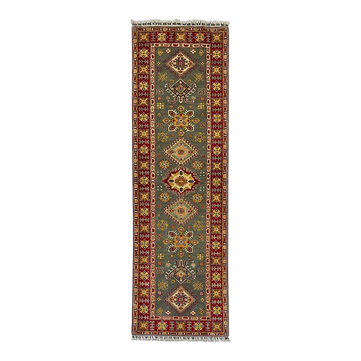 Gray and Red Tribal Wool Runner Rug With Geometric Medallions, 2'11