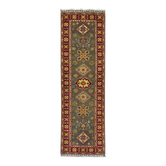 Gray and Red Tribal Wool Runner Rug With Geometric Medallions, 2'11" X 9'10" For Sale