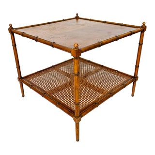 Hollywood Regency Faux Bamboo & Cane Square Side Table by Baker Furniture For Sale