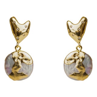 Love Gold Melted & Diamond Heart Stud Pearl Drop Earrings, A Pair For Sale