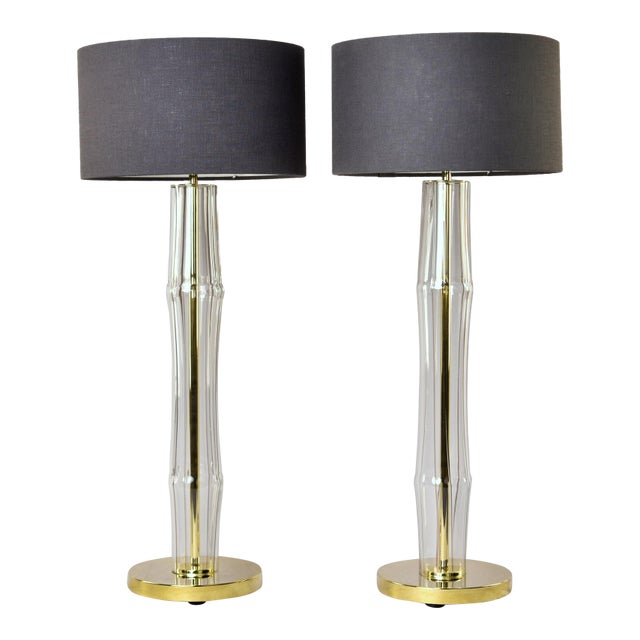 New Italian Tall Clear Glass Lamps With Brass Fittings - Pair For Sale