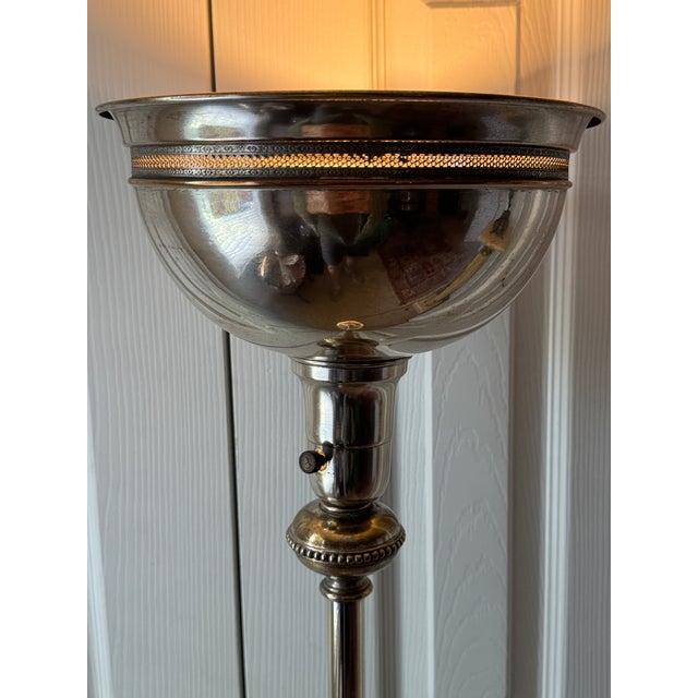1930s Art Deco Pierced Silverplated 60" Torchiere Floor Lamp W/Claw Feet For Sale - Image 14 of 18
