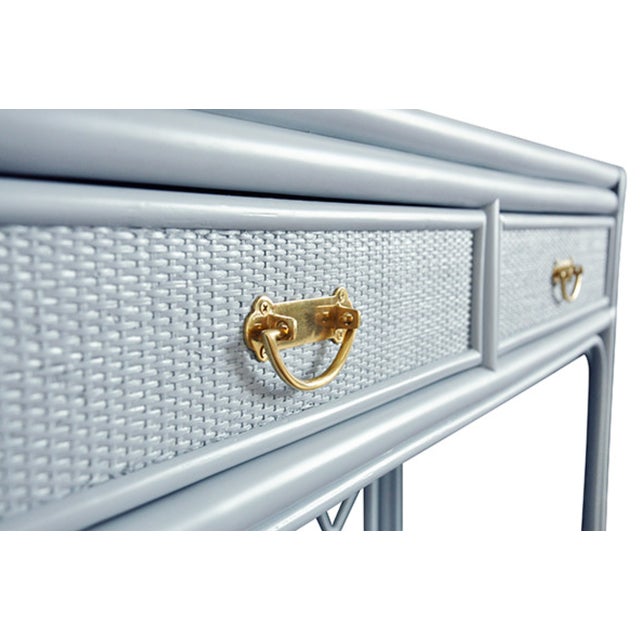 Blue Matthew Izzo Home Gideon Light Blue Painted Rattan Two Drawer Console With Decorative Back and Polished Brass Hardware For Sale - Image 8 of 10