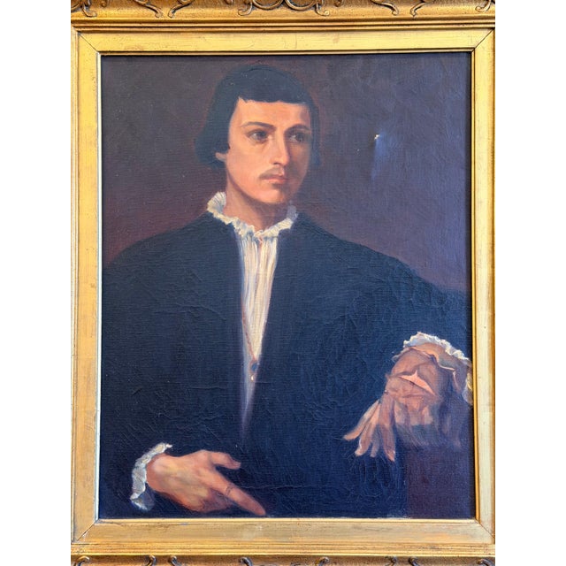 A finely rendered 19th-century Italian School oil on canvas depicting a gentleman dressed in a dark tunic with a white...