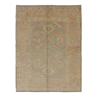 Turkish New Oushak Rug With Green, Neutral Colors and All-Over Flower Design For Sale