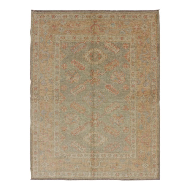 Turkish New Oushak Rug With Green, Neutral Colors and All-Over Flower Design For Sale