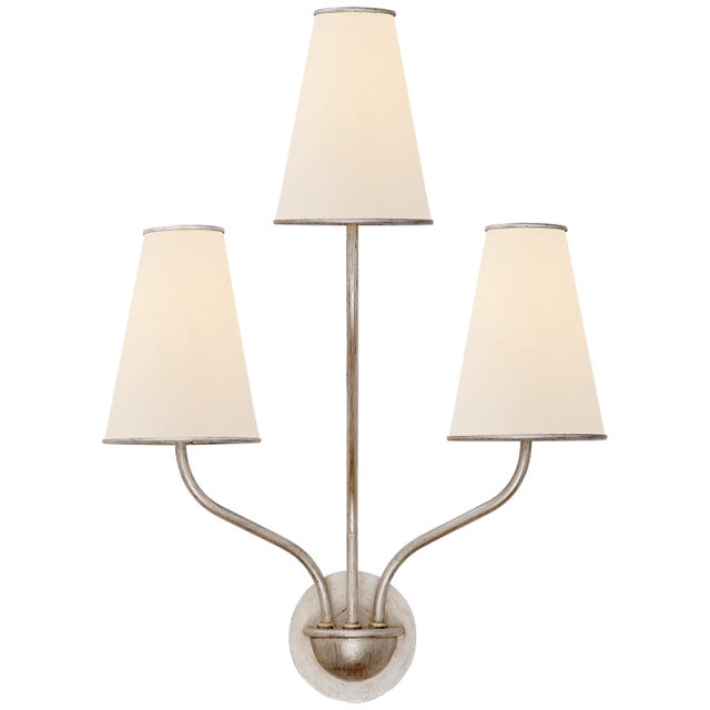 AERIN for Visual Comfort Signature Montreuil Small Wall Sconce in Burnished Silver Leaf with Linen Shades For Sale