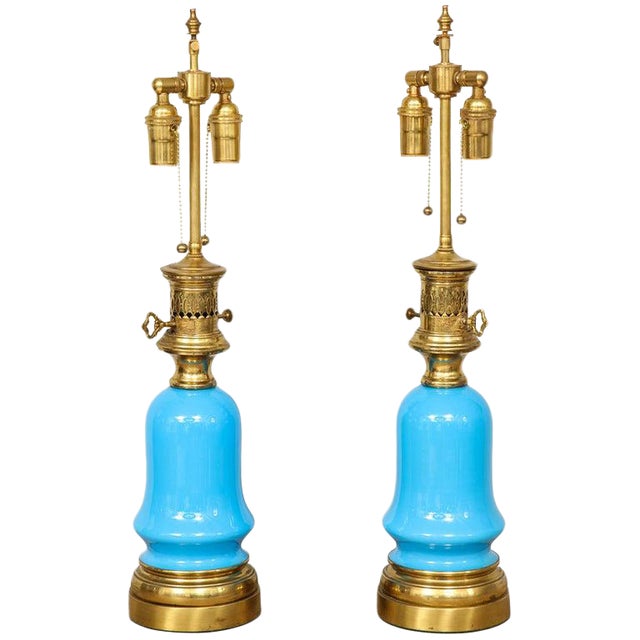 Blue Opaline Glass Lamps - a Pair For Sale