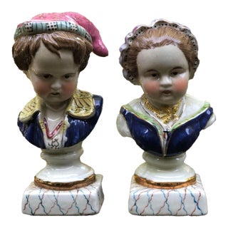 Pair of Vintage Staffordshire Bourbon Children Style Porcelain Busts Classic Home Decor For Sale