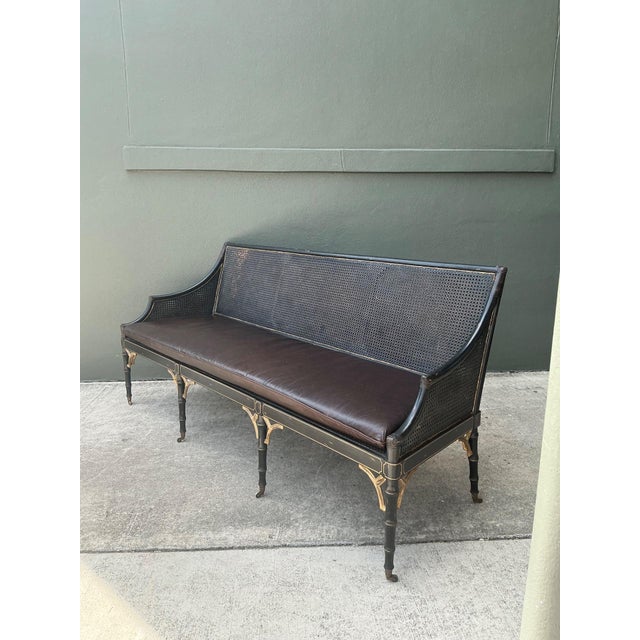 English Vintage Leather Cushion Cane Settee For Sale - Image 3 of 17