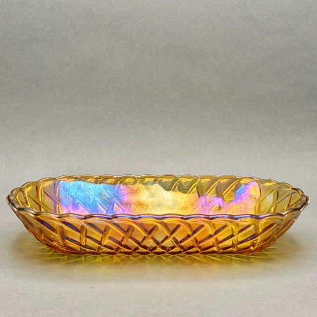 Mid-Century Modern Vintage Indiana Glass Marigold Carnival Glass Oval Celery Dish With Lattice Diamond Pattern For Sale - Image 3 of 8