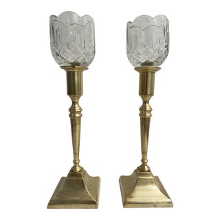 Vintage Solid Brass Candle Holders With Homco Cut Glass Votive Bobeches - Set of 4 Pieces For Sale